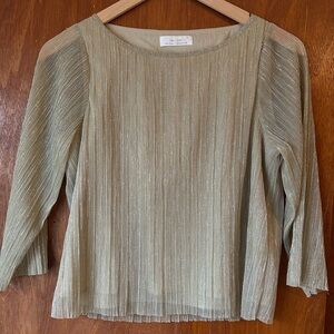 OAK + FORT Metallic Olive-Gold Pleated Round-Neck Blouse